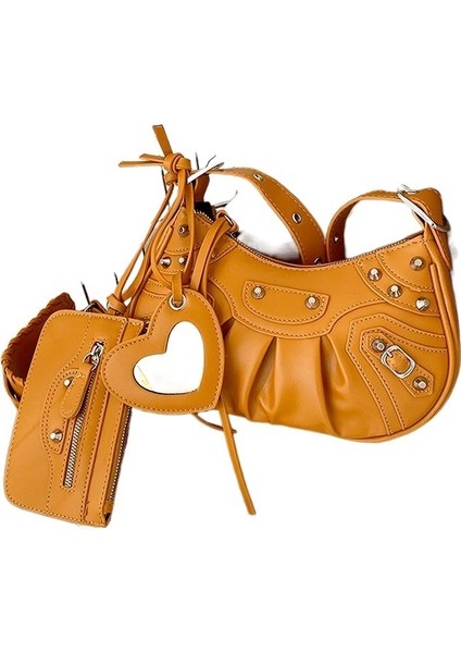 Koltuk Altı Çantası Kadın Pileli Hilal Omuzdan Askili Çanta Kadın Retro Perçinli Motosiklet Çantası (Yurt Dışından)