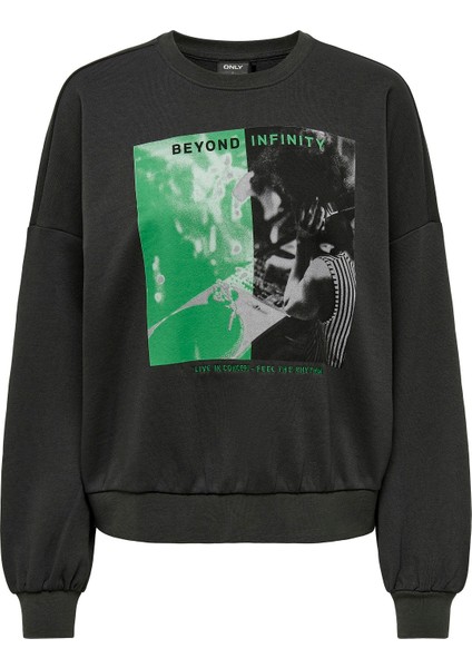 Kadın Önü Baskılı Bisiklet Yaka Sweatshirt 15312656