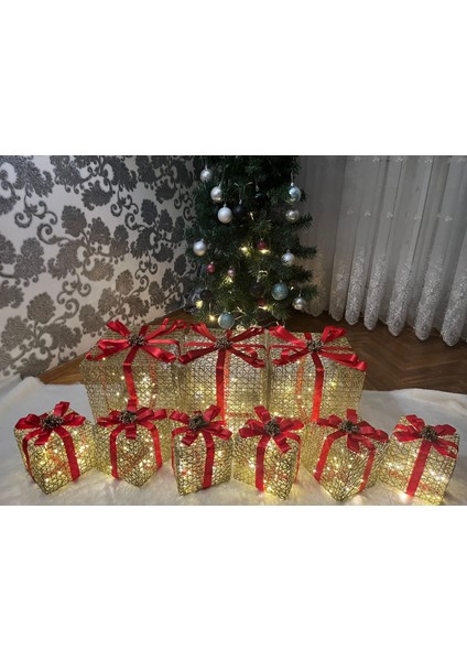 Dekoratif Yılbaşı Özel Yılbaşı Ağacı Altı LED Işıklı Hediye Kutusu Seti (Noel Süsü) 9’lu
