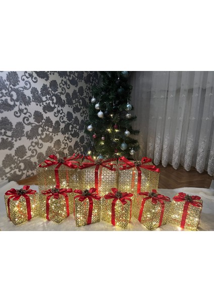 Dekoratif Yılbaşı Özel Yılbaşı Ağacı Altı LED Işıklı Hediye Kutusu Seti (Noel Süsü) 9’lu