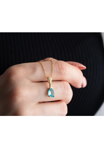 925 Ayar Gümüş Aquamarine Taşlı Damla Kolye