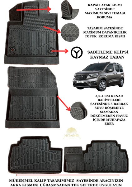 Opel Combo 2019 Sonrası 4d Havuzlu Paspas ve 4d Bagaj Havuzu Set Siyah Renk