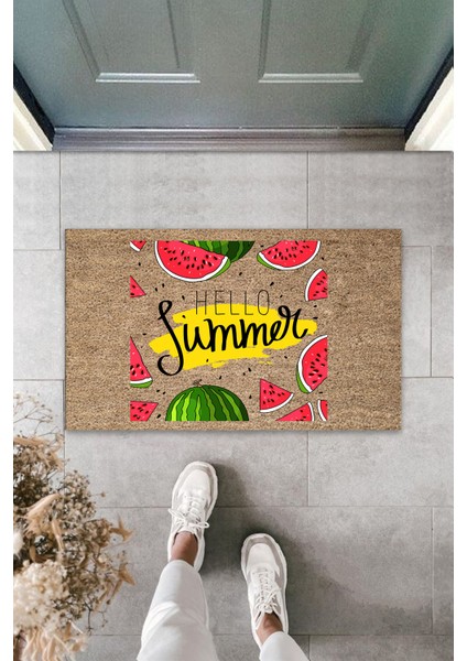 Dış ve Iç Mekan Kahve Renk Kapı Önü Paspası Hello Summer Karpuz Dilimleri Desen Paspas