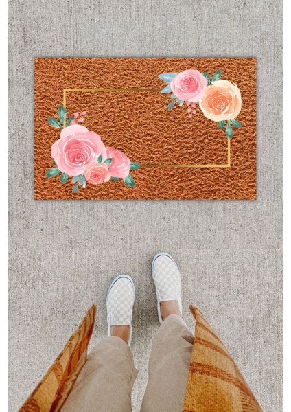 Dijital Baskı Dekoratif Çiçek Kahverenk Kapı Önü Paspası