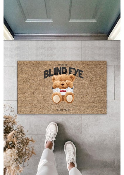 Dekoratif Dijital Blınd Eye Ayıcık Bej Kapı Paspası Dış Mekan Paspas