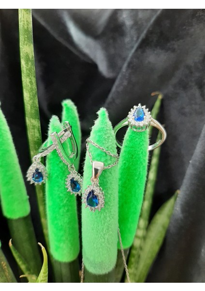 Safir Damla Zirkon Taşlı 925 Ayar Gümüş Takım