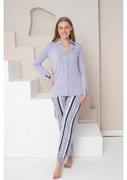Kadın Pijama Takımı Lacivert Çizgili Lilralı Önden Düğmeli