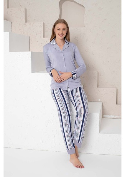 Kadın Pijama Takımı Lacivert Çizgili Lilralı Önden Düğmeli modelleri