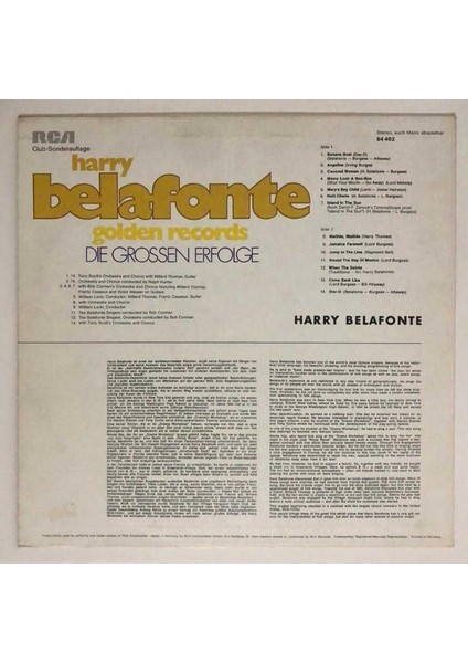 Harry Belafonte Golden Records Lp Plak (1976 Orjinal Alman Baskı)