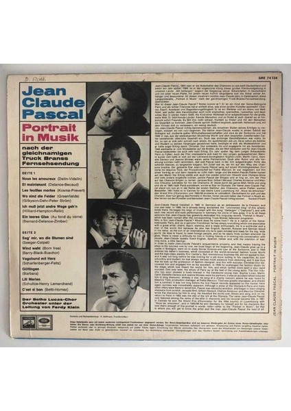 Jean Claude Pascal Portrait In Musik Lp Plak (Orjinal 1968 Alman Baskı)