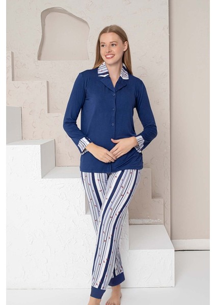 Kadın Pijama Takımı Lacivert Çizgili Lilralı Önden Düğmeli