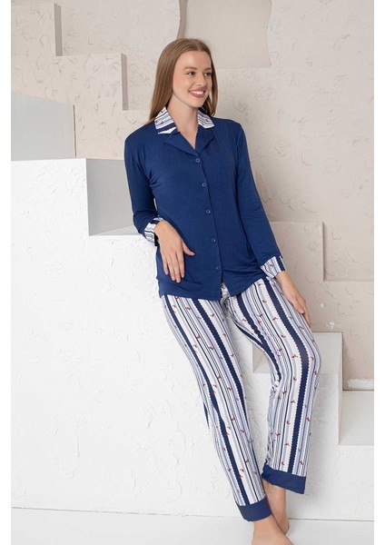 Kadın Pijama Takımı Lacivert Çizgili Lilralı Önden Düğmeli fiyatları