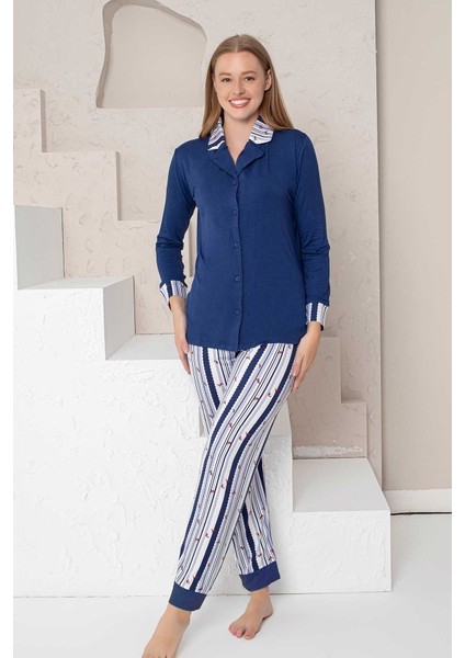 Kadın Pijama Takımı Lacivert Çizgili Lilralı Önden Düğmeli modelleri