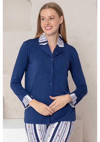 Kadın Pijama Takımı Lacivert Çizgili Lilralı Önden Düğmeli indirimleri