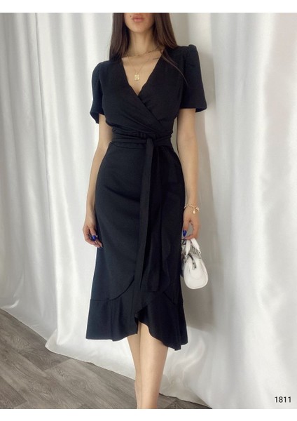 Kadın Kruvaze Yaka Midi Boy Kuşaklı Krep Elbise 120 cm fırsatları