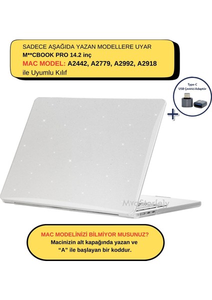 Macbook Pro Kılıf 14.2 inç M1-M2-M3-M4 Simli Kristal Star (Touchbarsız 14" Pro) A2442 A2779 A2992 A2918 A3112 A3401 A3185 ile Uyumlu