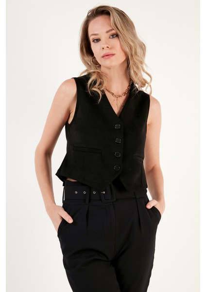 Fitted V Yak Düğmeli Crop Scuba Süet Yelek Bayan Yelek 5865576