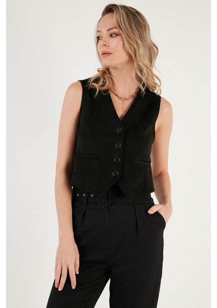 Fitted V Yak Düğmeli Crop Scuba Süet Yelek Bayan Yelek 5865576