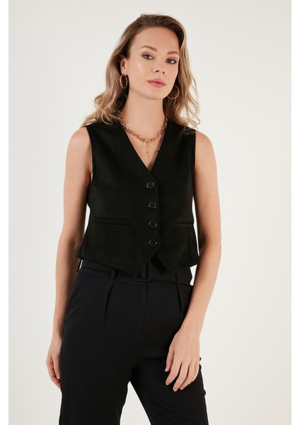 Fitted V Yak Düğmeli Crop Scuba Süet Yelek Bayan Yelek 5865576