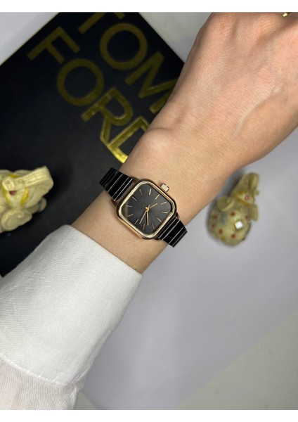 Minimal Kare Siyah Kadran Rose Gold Kasa Kadın Kol Saati