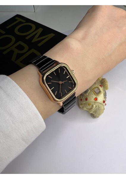 Minimal Kare Siyah Kadran Rose Gold Kasa Kadın Kol Saati