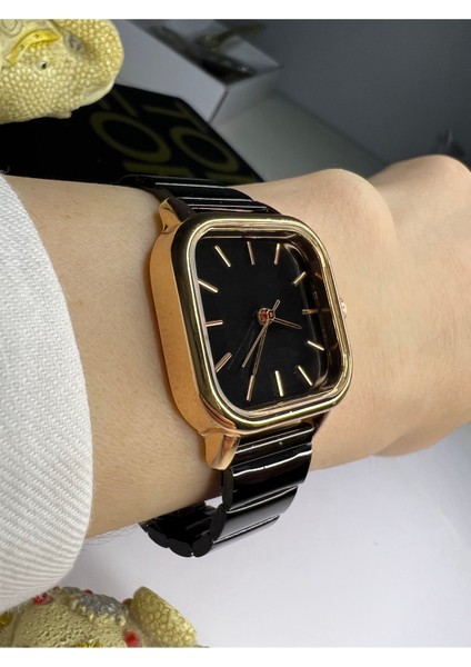 Minimal Kare Siyah Kadran Rose Gold Kasa Kadın Kol Saati