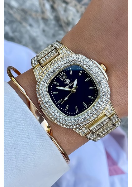 Gold - Siyah Renk Taşlı Kadın Kol Saati( Bileklik Fiyata Dahil Değildir...)