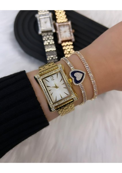 Zirkon Taşlı Gold Renk Analog Kol Saati( Bileklik Fiyata Dahil Değildir )