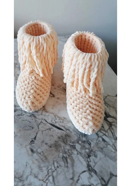 El Örgüsü Kadife Ip Krem Rengi Püsküllü Ev Botu Panduf modelleri