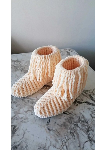 El Örgüsü Kadife Ip Krem Rengi Püsküllü Ev Botu Panduf fırsatları