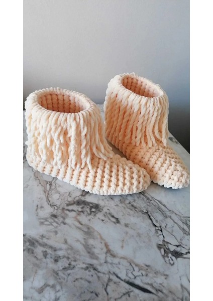 El Örgüsü Kadife Ip Krem Rengi Püsküllü Ev Botu Panduf indirimleri