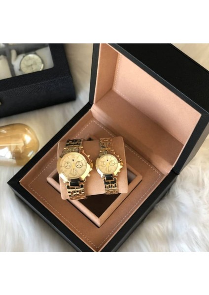 Unisex Çift Gold Çelik Kordon Analog Kol Saati