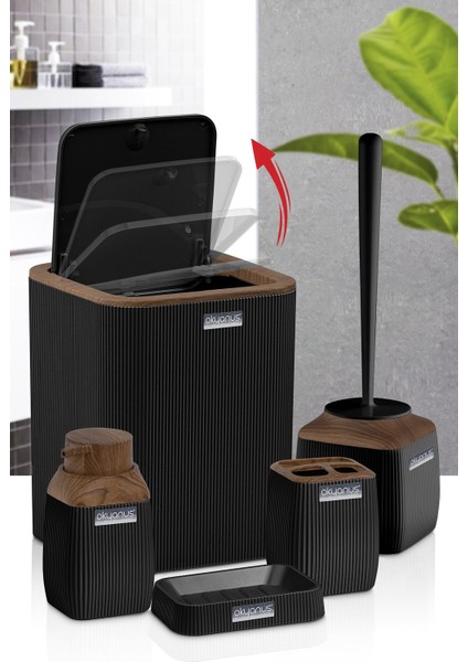 Ahşap Desenli Çizgili 5'li Banyo Seti Siyah fiyatları