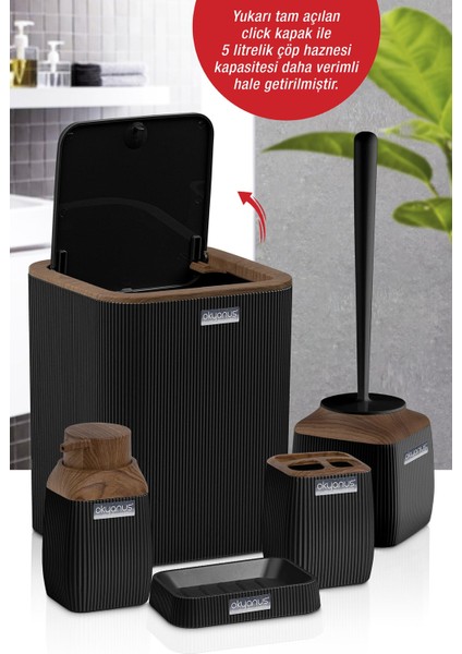 Ahşap Desenli Çizgili 5'li Banyo Seti Siyah modelleri