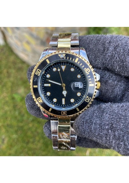 Erkek Gümüş- Gold Renk Siyah Kadran Rolex Modeli Çelik Kasa Kol Saati