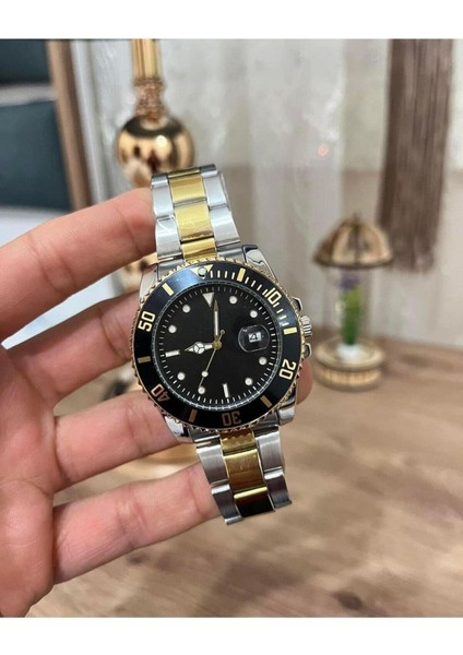 Erkek Gümüş- Gold Renk Siyah Kadran Rolex Modeli Çelik Kasa Kol Saati