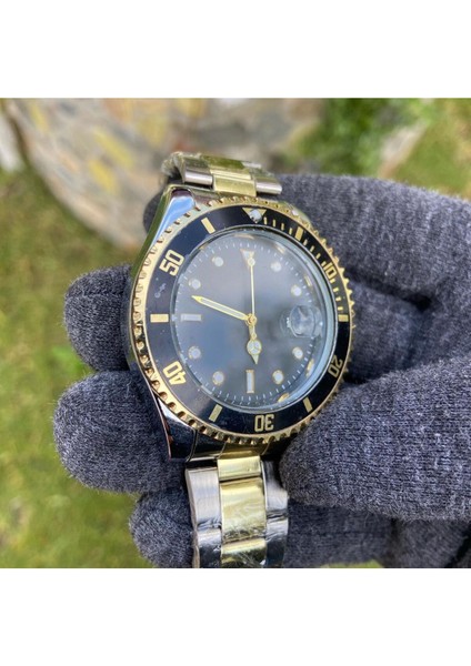 Erkek Gümüş- Gold Renk Siyah Kadran Rolex Modeli Çelik Kasa Kol Saati