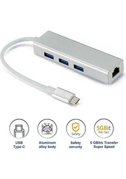 Type C To 3 Port USB 3.0 Hub Çoklayıcı Ethernet Macbook