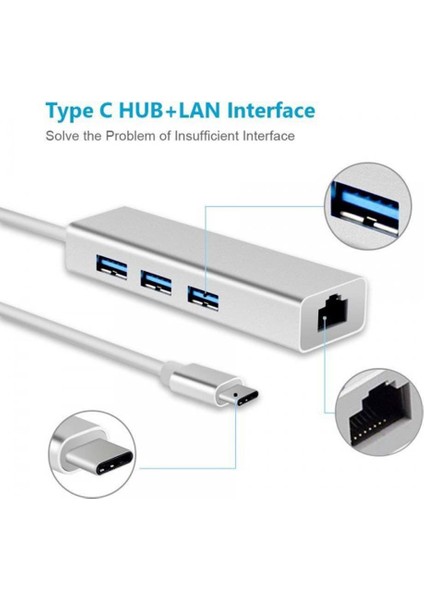 Type C To 3 Port USB 3.0 Hub Çoklayıcı Ethernet Macbook