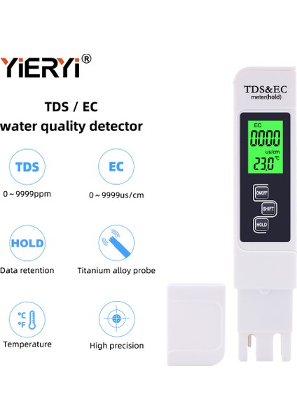 Yıeryı Tds Ec Metre Sıcaklık Test Cihazı Kalem Arkadan Aydınlatmalı 3 In 1 Iletkenlik Su Kalitesi Test Cihazı Tds ve Ec Test Cihazı 0-5000PPM (Yurt Dışından)