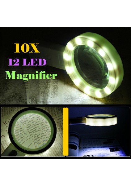 12 LED 10X Işıklı El Büyüteç Büyüteç Okuma Camı Lens Takı Büyüteç (Yurt Dışından)