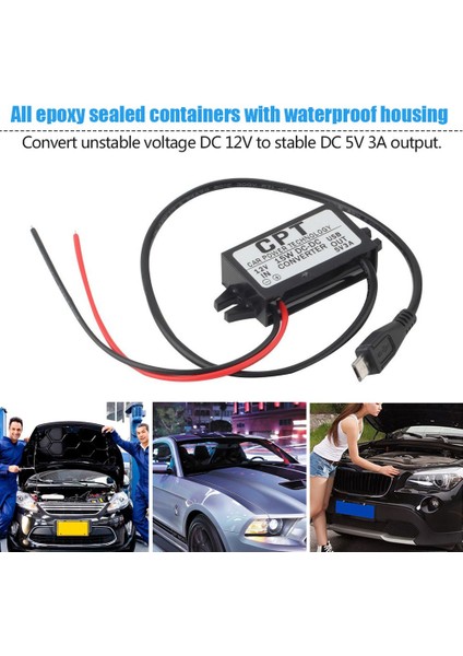 Araç Otomatik Şarj Cihazı Dc Dönüştürücü Modülü 12V - 5V 3A 15W Mikro USB Kablosu ile - Siyah (Yurt Dışından) modelleri