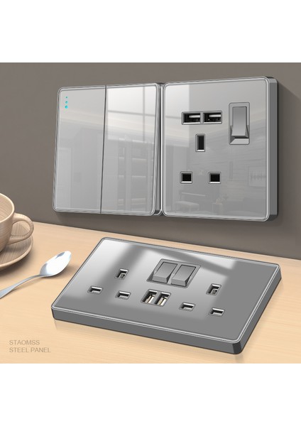 Hong Kong Versiyonu 13A Ingiliz Ingiliz Standardı USB Işıklı Gözenekli Soket Elektrik Anahtar Paneli Temperli Cam Gri Gizli (Yurt Dışından)