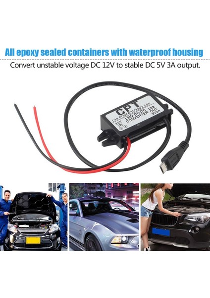 Araç Otomatik Şarj Cihazı Dc Dönüştürücü Modülü 12V - 5V 3A 15W Mikro USB Kablosu ile (Yurt Dışından)