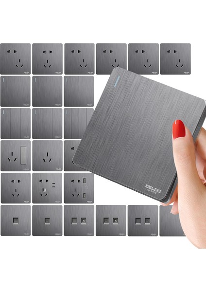 Delixi Tel Çekme Gri Anahtar Priz Ev 86 Tipi Bir Açık Beş Delikli USB Klima Üç Delikli 16A Duvar Paneli (Yurt Dışından) fiyatları