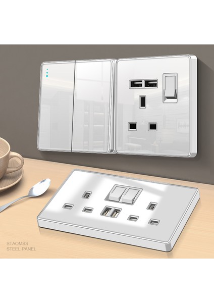 Beyaz Temperli Cam Ingiliz Ingiliz Standardı Çok Fonksiyonlu 13A, USB Soketli 86 Tipi Duvar Işık Anahtarı Gizli Panel (Yurt Dışından) fırsatları