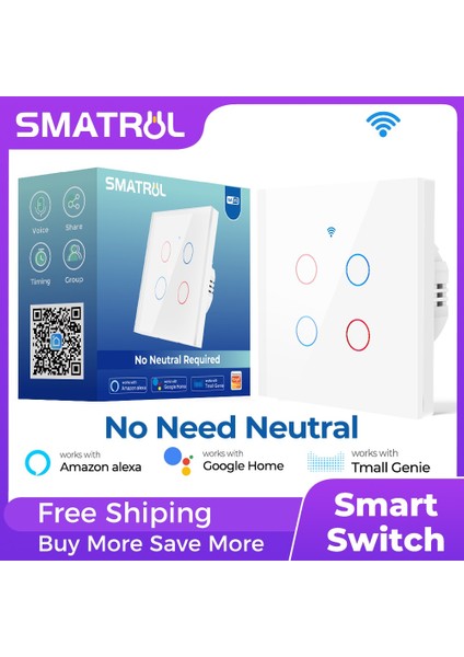 Smatrul Wifi Işık Anahtarı Nötr Tel Gerekmiyor Tuya App 2.4 Ghz Akıllı Anahtar Beyaz 1/2/3/4 Gang Temperli Cam Dokunmatik Panel Alexa Google Home Için Çalışmak (Yurt Dışından)