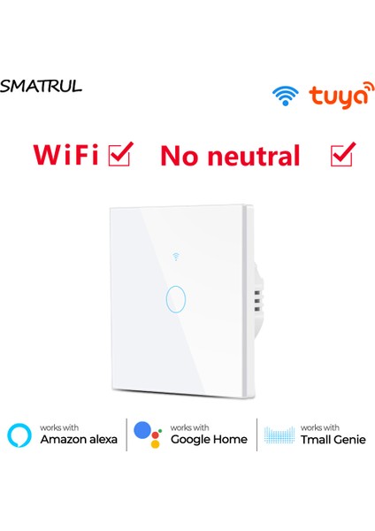 Smatrul Wifi Işık Anahtarı Nötr Tel Gerekmiyor Tuya App 2.4 Ghz Akıllı Anahtar Beyaz 1/2/3/4 Gang Temperli Cam Dokunmatik Panel Alexa Google Home Için Çalışmak (Yurt Dışından) fırsatları