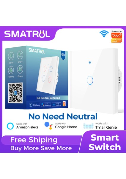 Smatrul Wifi Işık Anahtarı Nötr Tel Gerekmiyor Tuya App 2.4 Ghz Akıllı Anahtar Beyaz 1/2/3/4 Gang Temperli Cam Dokunmatik Panel Alexa Google Home Için Çalışmak (Yurt Dışından) indirimleri