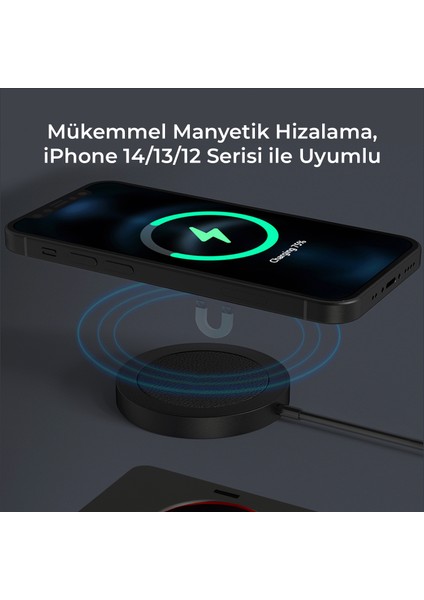 BXMG15 15W Manyetik Kablosuz Şarj Cihazı Siyah iPhone 12/13/14/15 Serisi ile uyumlu